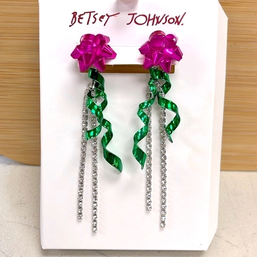 Brand New Betsey Johnson Metallic Pink Bow Ribbon Dangly Rhinestone Earrings